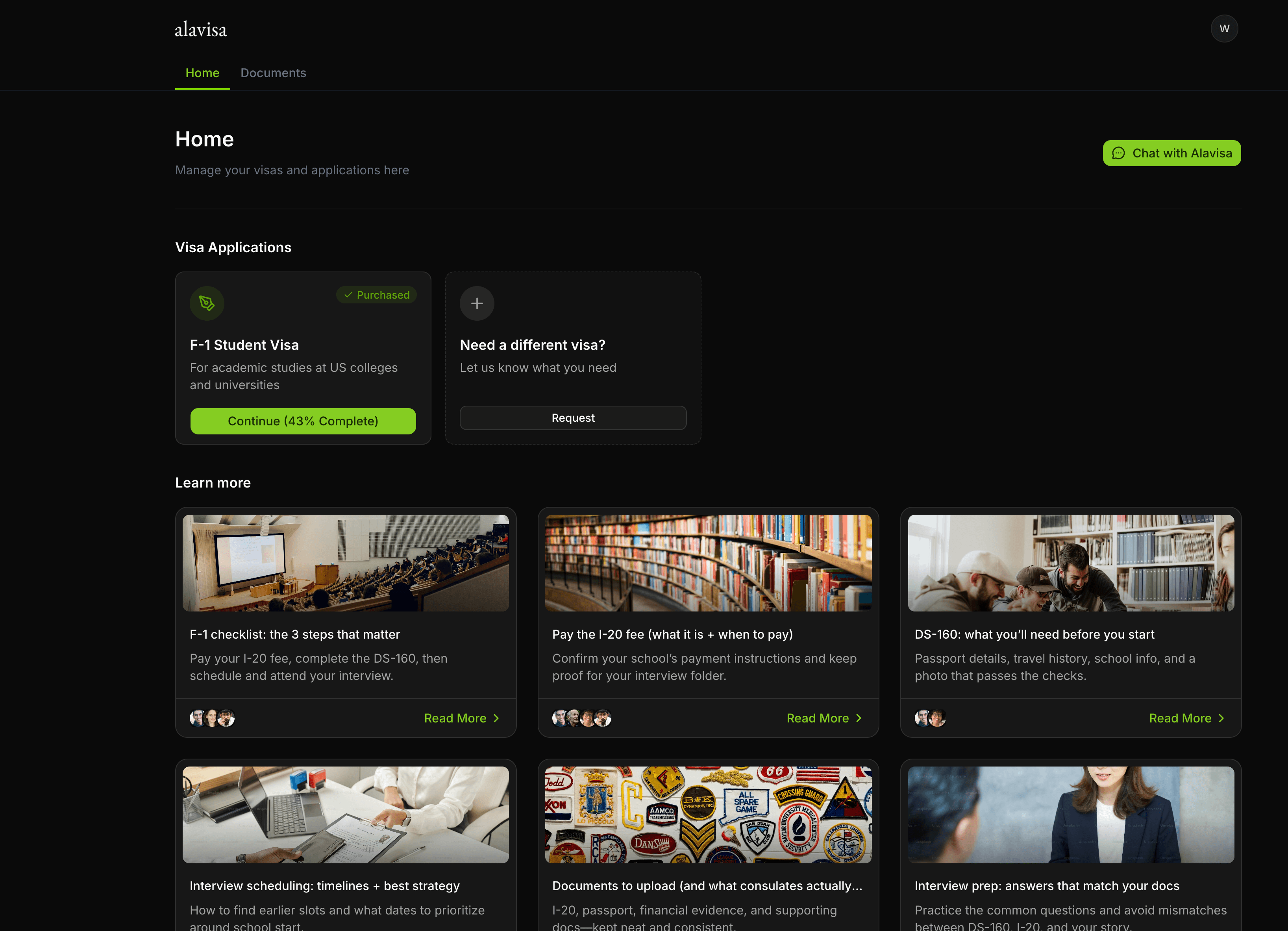 Alavisa visa application dashboard